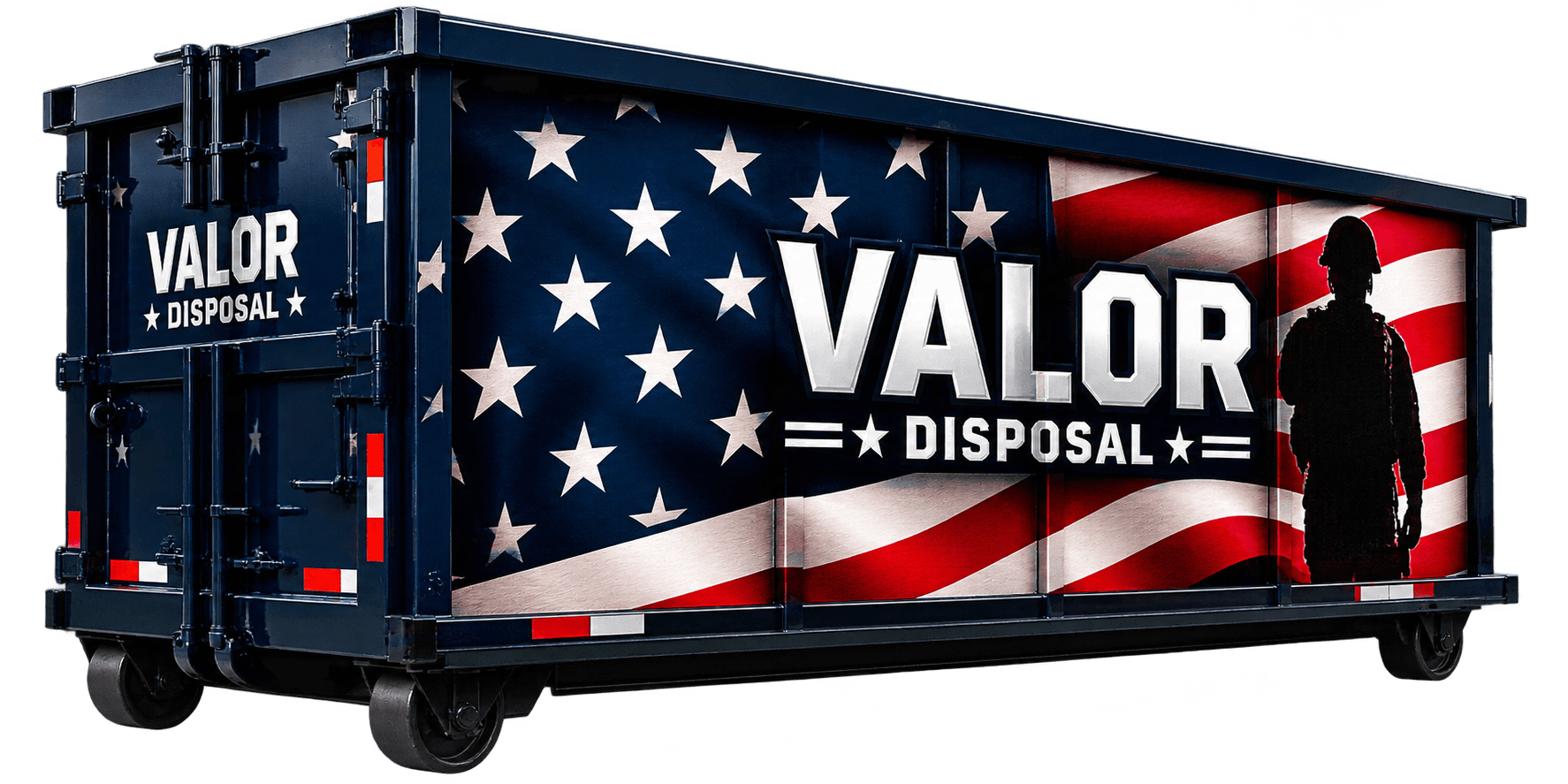 Valor Disposal roll-off dumpster with American flag and veteran tribute design