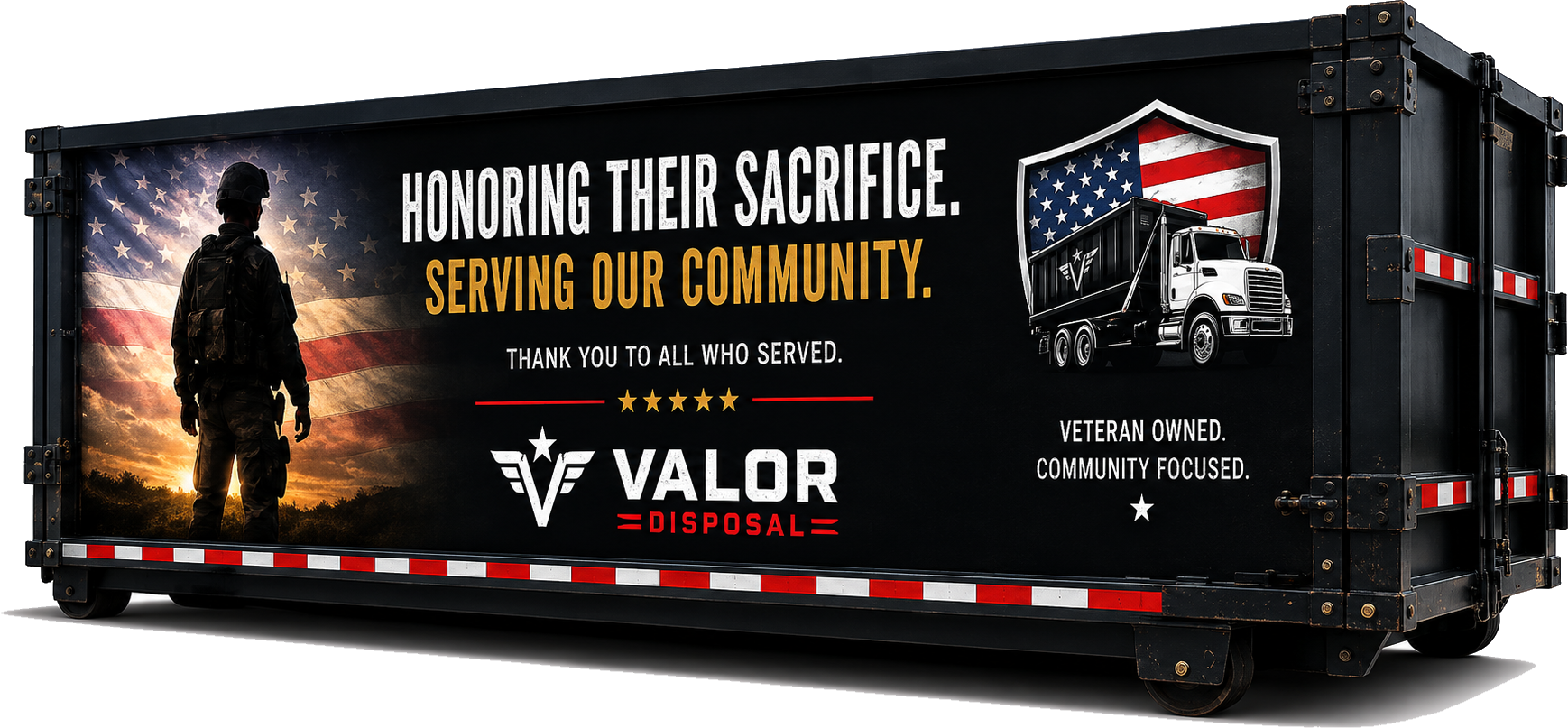 Black disposal truck with military tribute graphics, soldier silhouette, American flag, and Valor Disposal branding