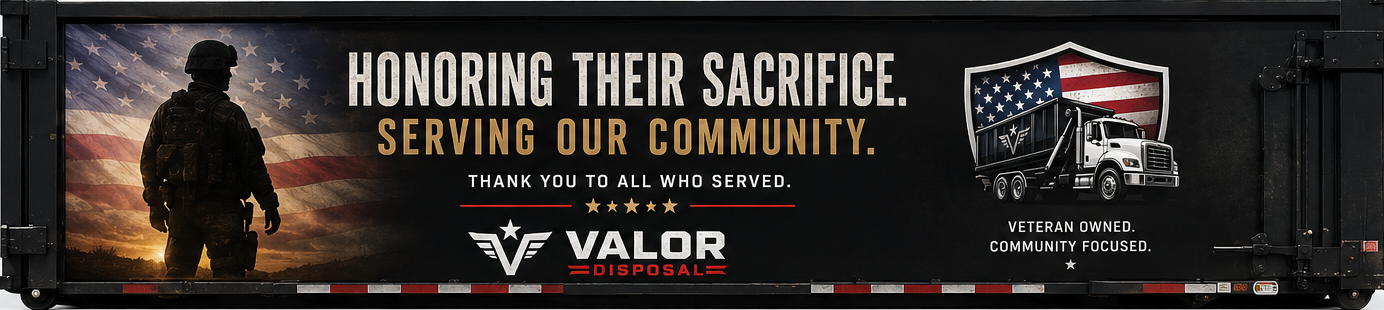 Valor Disposals truck wrap honoring military service with soldier silhouette and American flag
