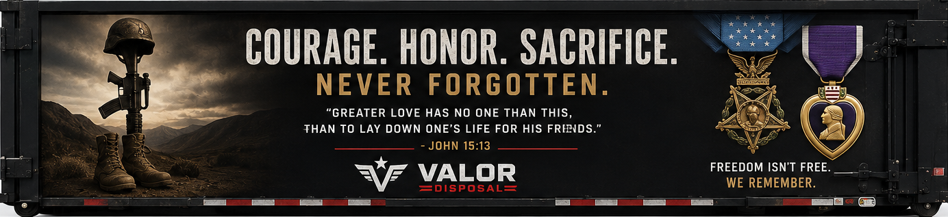 Memorial tribute truck with fallen soldier boots, rifle, helmet, military medals, and patriotic messaging honoring sacrifice